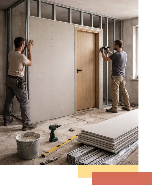 Перегородка из гипсокартона с дверью под ключ в Обнинске