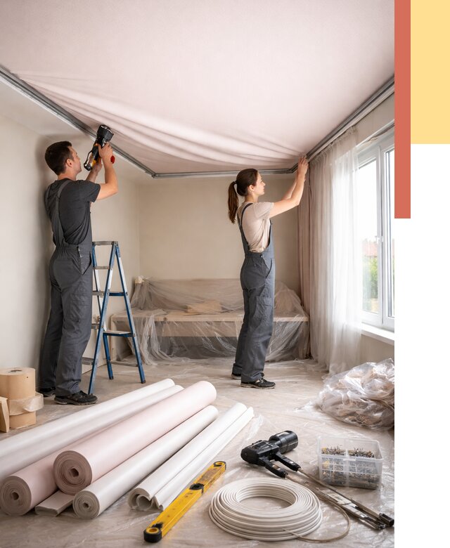 Монтаж цветного натяжного потолка в Обнинске от 4263 руб/м² — быстро и недорого | ОТДЕЛОЧНИК-Бнн