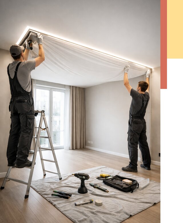 Монтаж парящего натяжного потолка в Обнинске от 4568 руб. быстро и недорого | ОТДЕЛОЧНИК-Бнн