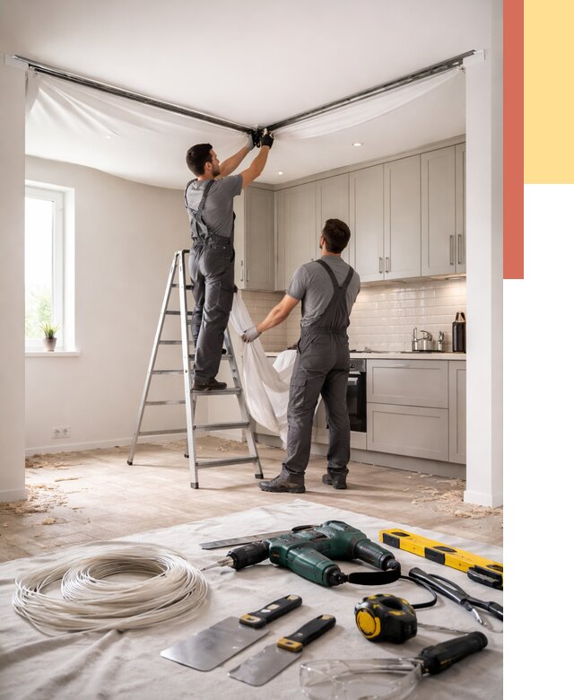 Установка натяжного потолка на кухне в Обнинске от 2436 руб. | ОТДЕЛОЧНИК-Бнн