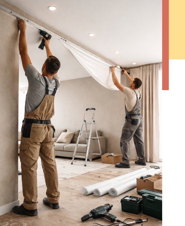 Монтаж натяжного потолка в гостиной в Обнинске от 558 руб. | ОТДЕЛОЧНИК-Бнн