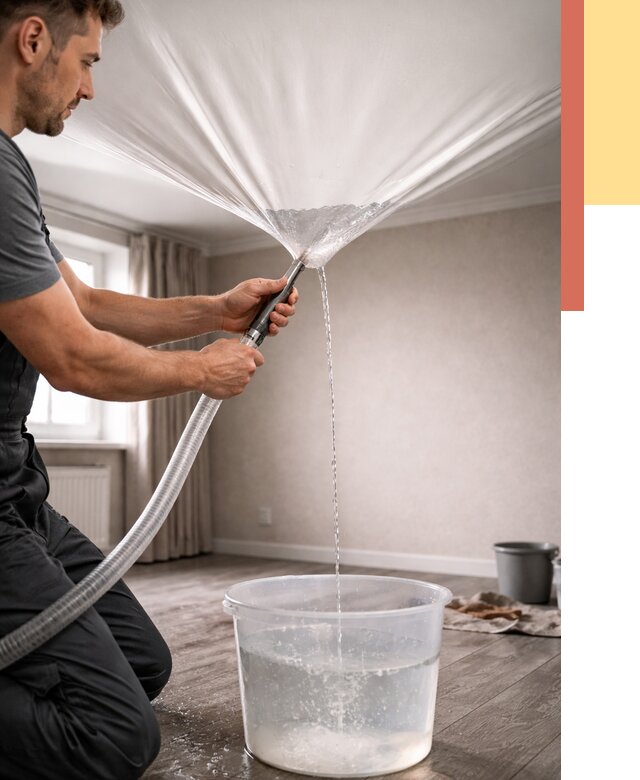 Слив воды с натяжного потолка в Обнинске от 2538 руб. быстро и недорого | ОТДЕЛОЧНИК-Бнн