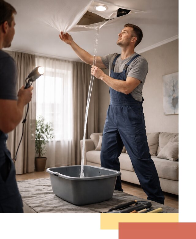 Слив воды с натяжного потолка в Обнинске быстро и аккуратно