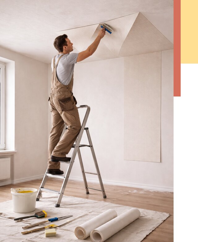 Поклейка обоев на потолок в Обнинске от 4568 руб. быстро и недорого | ОТДЕЛОЧНИК-Бнн